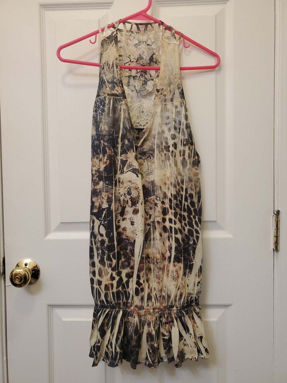 VTG Y2K B.L.E.U. Animal Print Tunic Top Crochet Lace Back Ruffle XL Whimsigoth